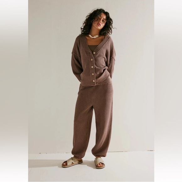Free People Hailee Cardigan Lounge Set Size XL Brown Waffle Knit 2 Piece NWOT - Picture 3 of 6